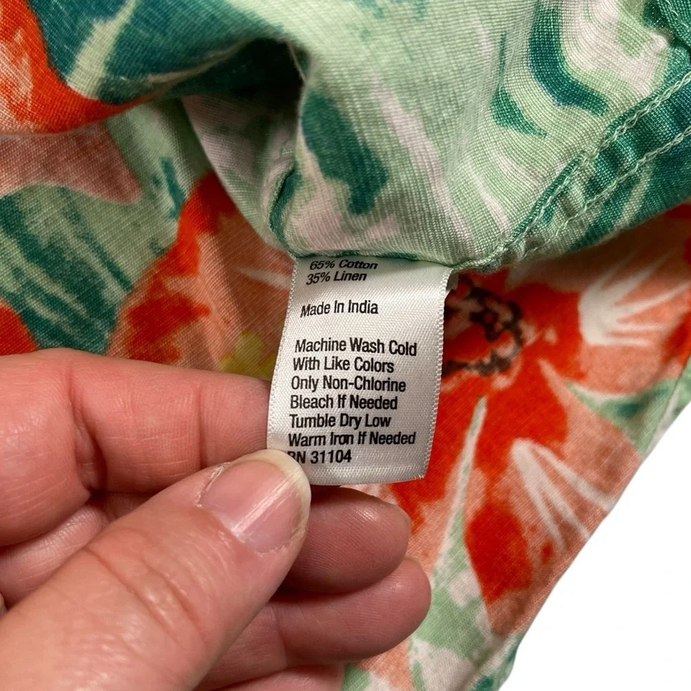 Saddlebred XXLT Green Orange Floral Hawaiian Shirt Cotton Linen Tropical Beach - Picture 7 of 7